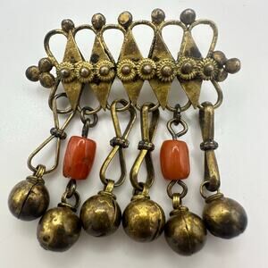 Vintage antique brass cannetille genuine red coral beads dangling brooch